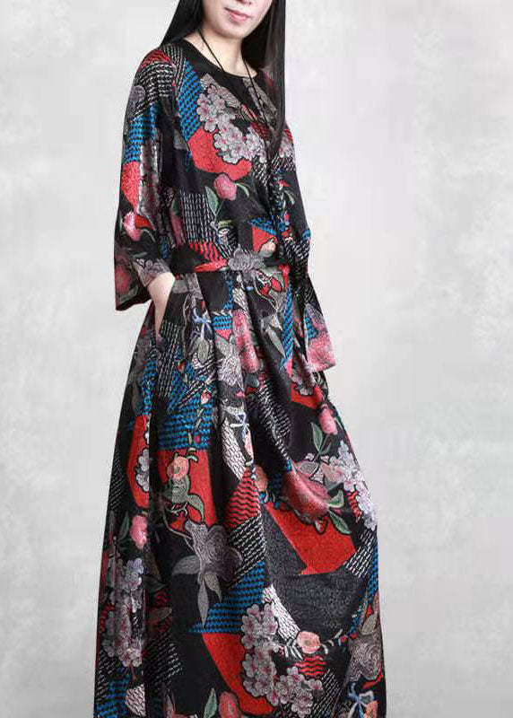 Organic Black Print Robe Seidenkleider Patchwork