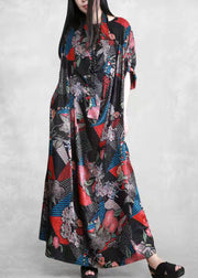 Organic Black Print Robe Seidenkleider Patchwork
