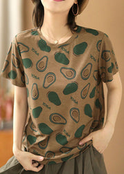 Original Design Dark Khaki O-Neck Print Cotton Tank Top Short Sleeve