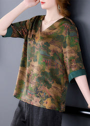 Original Design Retro Green V Neck Print Side Open Silk Top Half Sleeve
