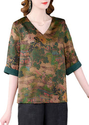 Original Design Retro Green V Neck Print Side Open Silk Top Half Sleeve