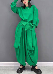 Original Design Solid Green O-Neck Asymmetrical Loose Sweatshirts Top And Harem Pants Two Piece Set Long Sleeve