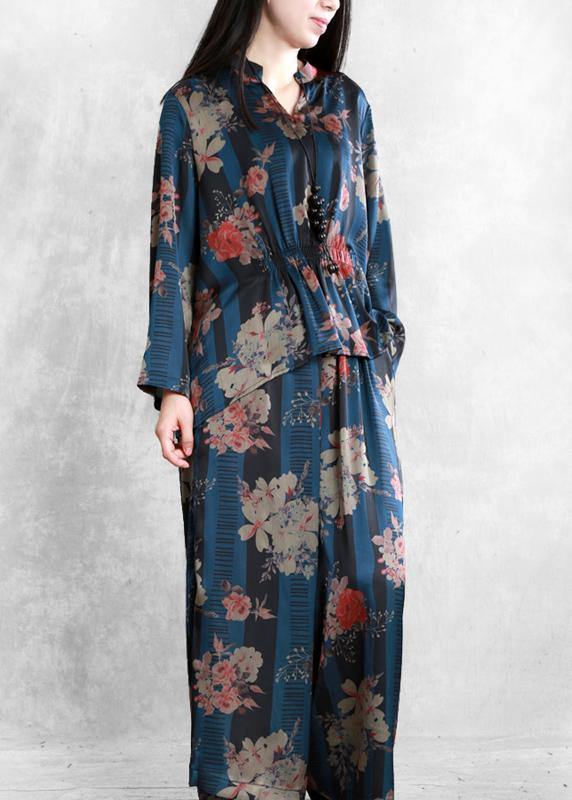 Original Elegant Silk Blue Print Set Loose V-Neck Top + Casual Wide Leg Pants - SooLinen