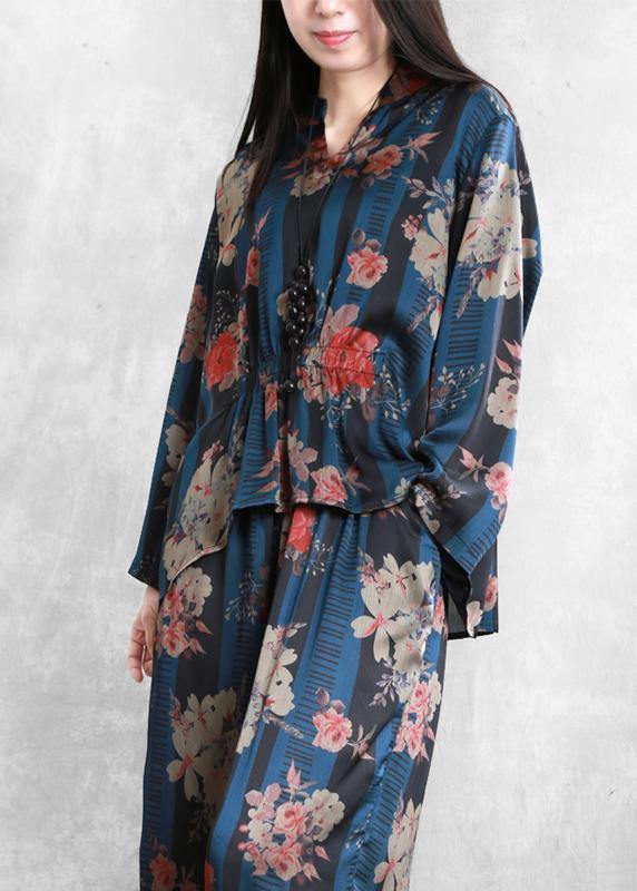 Original Elegant Silk Blue Print Set Loose V-Neck Top + Casual Wide Leg Pants - SooLinen