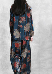 Original Elegant Silk Blue Print Set Loose V-Neck Top + Casual Wide Leg Pants - SooLinen