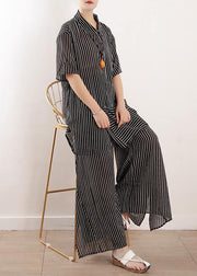 Original literary loose large size gray stripes were thin and irregular chiffon wide-leg pants two-piece suit - SooLinen