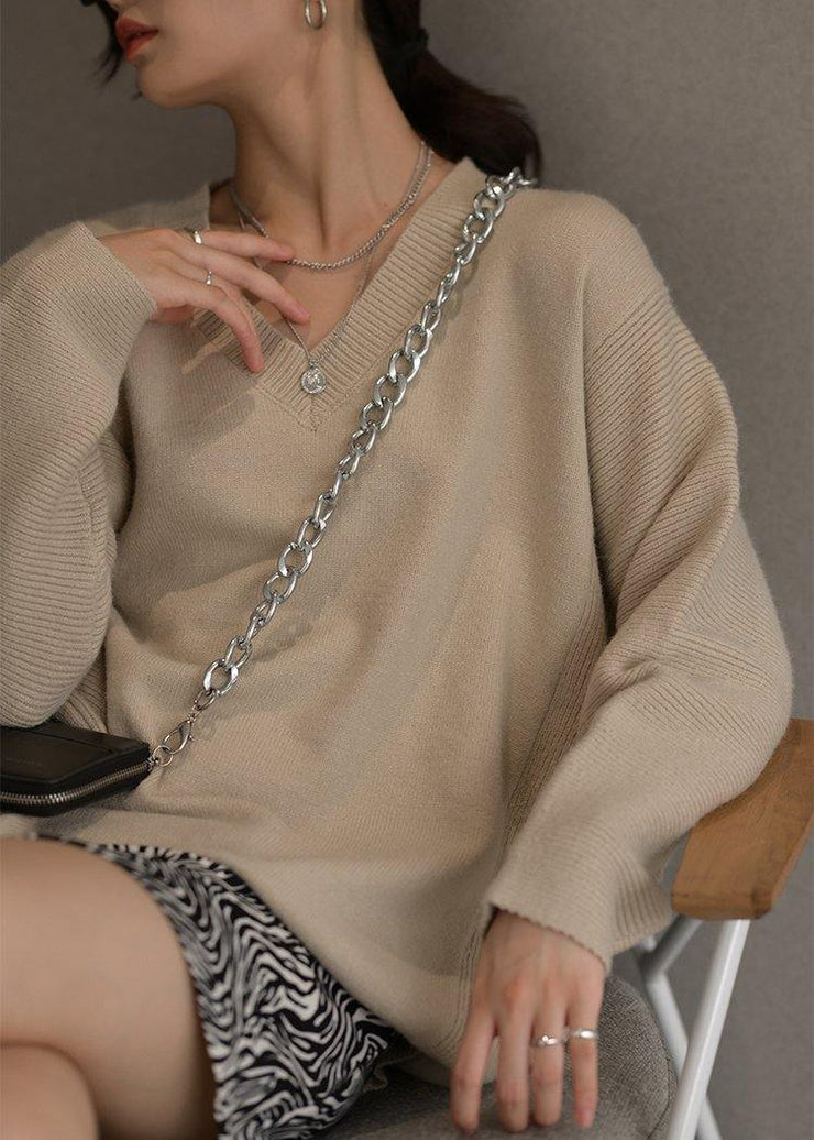 Over sized beige knitted clothes v neck oversized fall knit tops - SooLinen