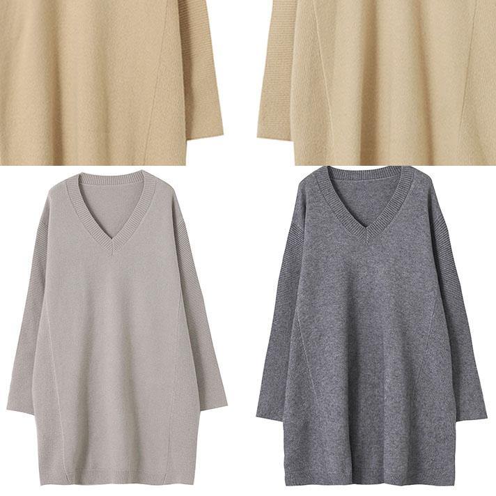 Over sized beige knitted clothes v neck oversized fall knit tops - SooLinen