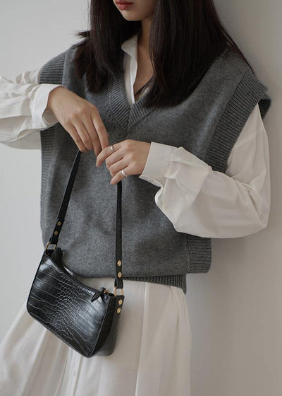 Oversized  gray knit tops oversized v neck sleeveless tops - SooLinen
