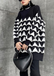 Oversized black Geometric knit top silhouette o neck plus size sweaters - SooLinen