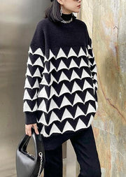 Oversized black Geometric knit top silhouette o neck plus size sweaters - SooLinen