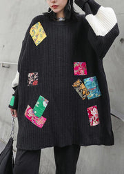 Oversized black knitted pullover o neck patchwork oversized knitted blouse - SooLinen