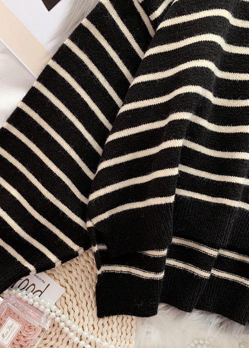 Oversized black striped knitted blouse plus size clothing o neck low high design knit tops - SooLinen