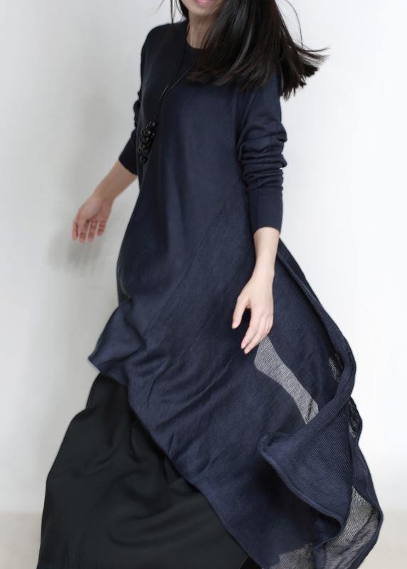 Oversized blue Sweater Wardrobes plus size asymmetric daily o neck sweater dress - SooLinen