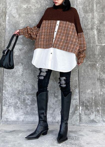 Oversized chocolate Sweater Blouse lapel patchwork plus size spring knit tops - SooLinen