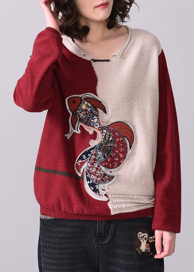 Oversized fall Appliques knitted  blouse casual o neck knitted tops red patchwork beige - SooLinen