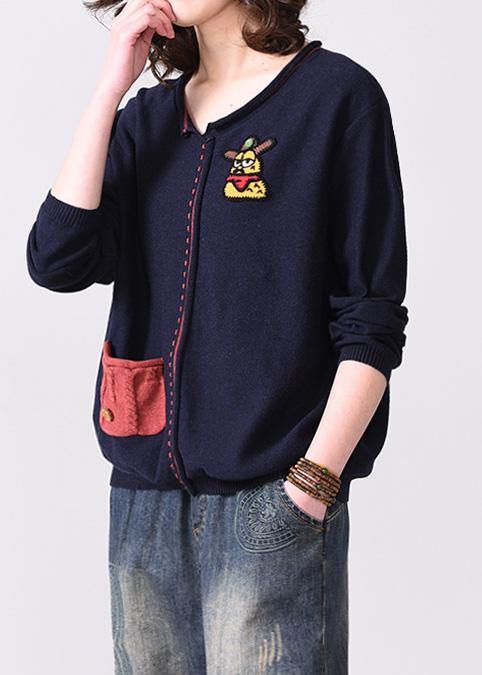 Oversized navy autumn sweater fall fashion v neck knit tops Appliques - SooLinen