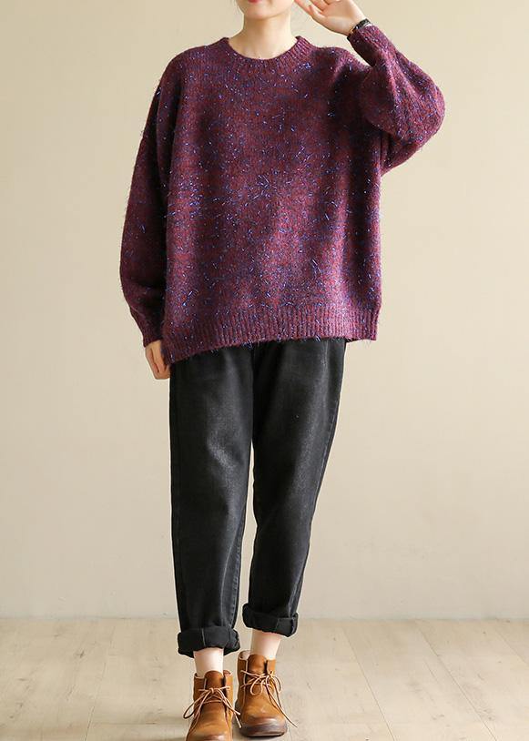 Oversized purple knit tops wild fall fashion o neck knitwear - SooLinen