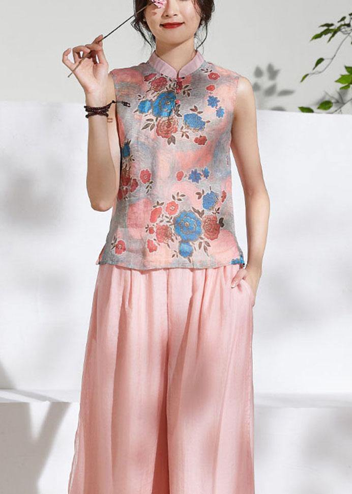 Pink Stand Collar Print Summer Ramie Sleeveless Shirts - SooLinen