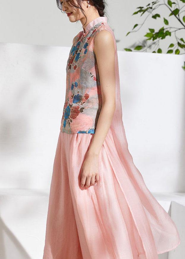 Pink Stand Collar Print Summer Ramie Sleeveless Shirts - SooLinen