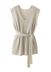 Plus Size Apricot V-Ausschnitt Cinched Strickweste ärmellos