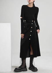 Plus Size Black Asymmetrical Button Corduroy Skirt Spring