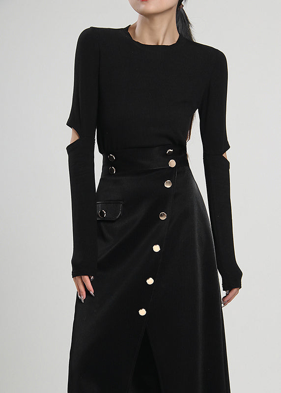 Plus Size Black Asymmetrical Button Corduroy Skirt Spring