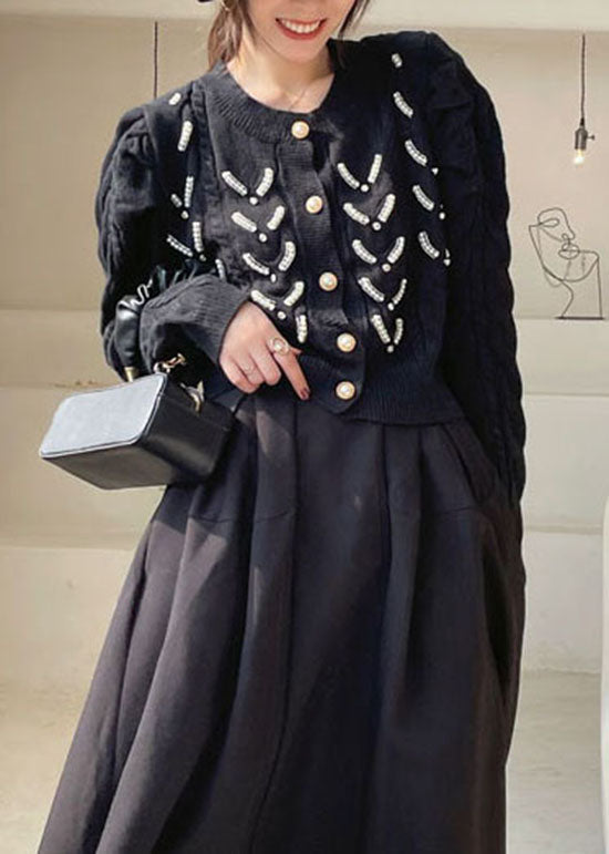 Plus Size Black Button Mode Strickjacke Frühling