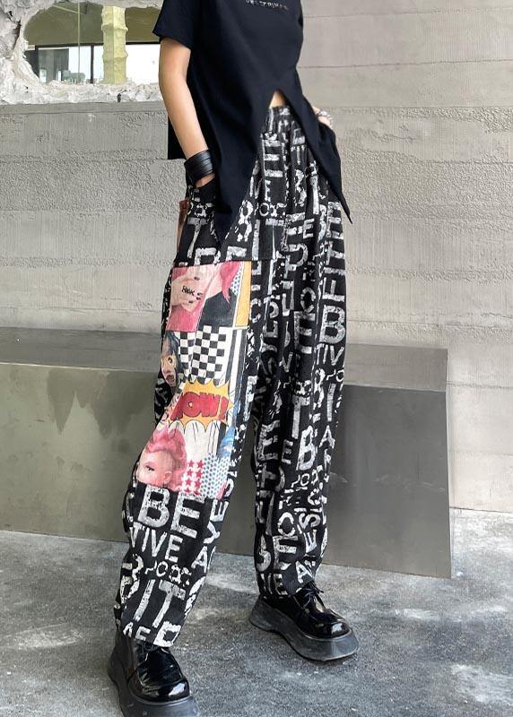 Plus Size Black Graphic High Waist Wide Leg Pants - SooLinen