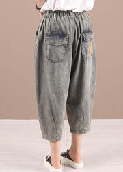 Plus Size Black Grey Elastic Waist Embroideried Jeans Pants - SooLinen