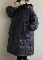 Plus Size Schwarzer Wintermantel mit Kapuze aus feiner Baumwolle