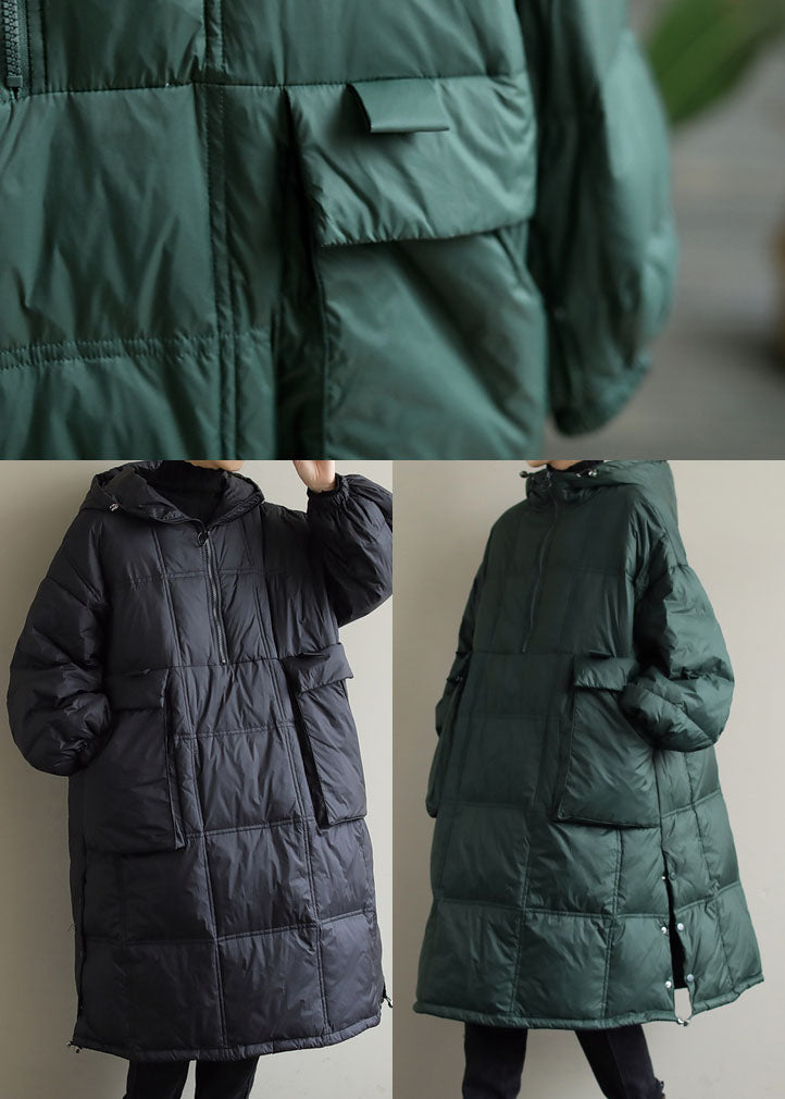 Plus Size Schwarzer Wintermantel mit Kapuze aus feiner Baumwolle