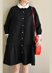 Plus Size Black Long sleeve Peter Pan Collar Patchwork Spring Cotton Dress - SooLinen