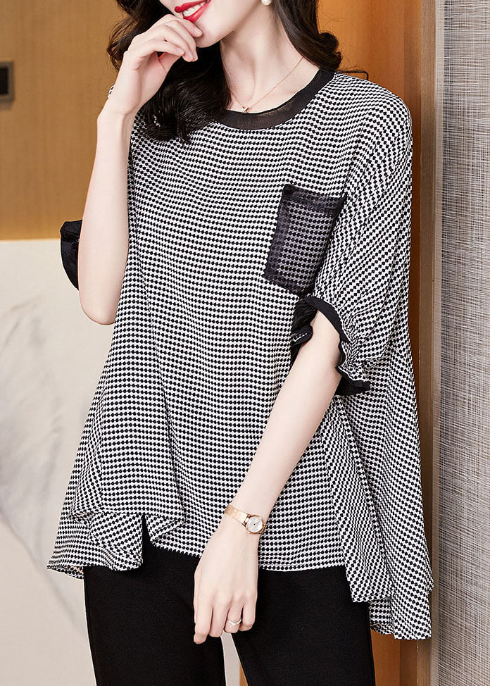 Plus Size Schwarz O-Neck Plaid Patchwork Chiffon Tanktops Kurzarm