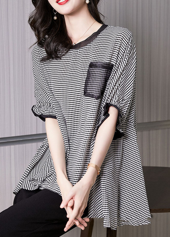 Plus Size Schwarz O-Neck Plaid Patchwork Chiffon Tanktops Kurzarm