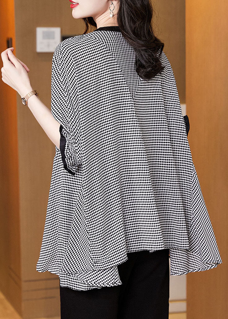 Plus Size Schwarz O-Neck Plaid Patchwork Chiffon Tanktops Kurzarm