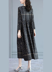 Plus Size Black O-Neck Wrinkled Print Silk Long Dress Long Sleeve