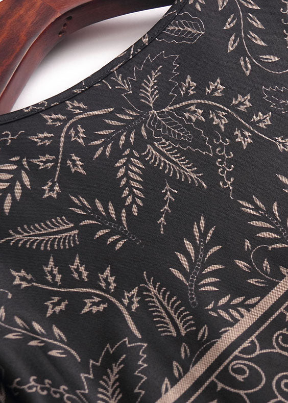 Plus Size Black O-Neck Wrinkled Print Silk Long Dress Long Sleeve