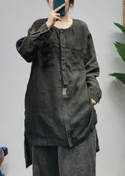 Plus Size Black O-Neck pocket Patchwork low high design Linen Shirts Long Sleeve