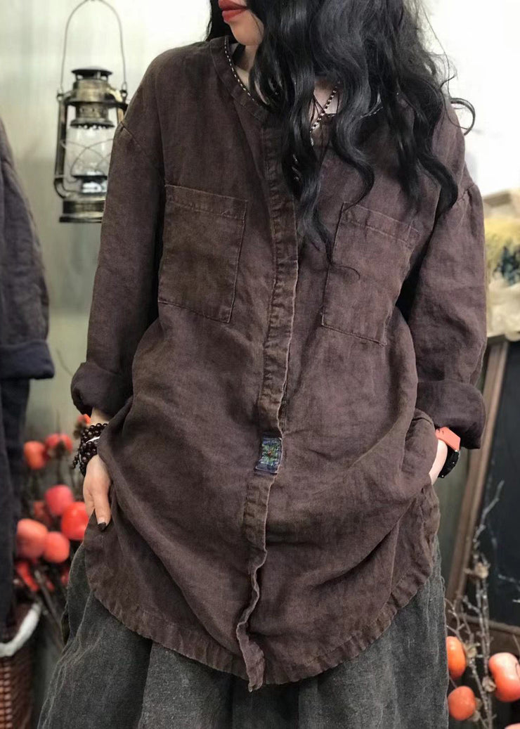Plus Size Black O-Neck pocket Patchwork low high design Linen Shirts Long Sleeve