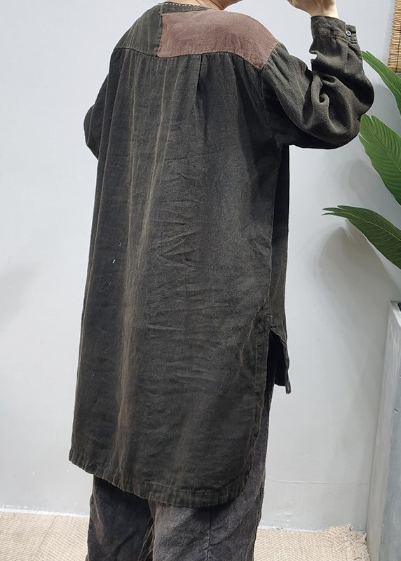 Plus Size Black O-Neck pocket Patchwork low high design Linen Shirts Long Sleeve