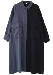 Plus Size Black Patchwork Blue Button Chiffon Spring Dress - SooLinen