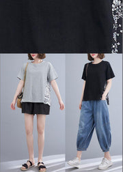 Plus Size Black Patchwork Print O-Neck Cotton Tops Summer - SooLinen