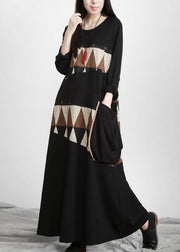 Plus Size Black Patchwork Print Pockets Asymmetrical Design Maxi Dress Fall - SooLinen