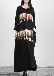 Plus Size Black Patchwork Print Pockets Asymmetrical Design Maxi Dress Fall - SooLinen