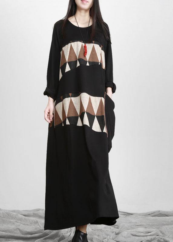 Plus Size Black Patchwork Print Pockets Asymmetrical Design Maxi Dress Fall - SooLinen