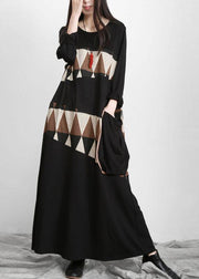 Plus Size Black Patchwork Print Pockets Asymmetrical Design Maxi Dress Fall - SooLinen