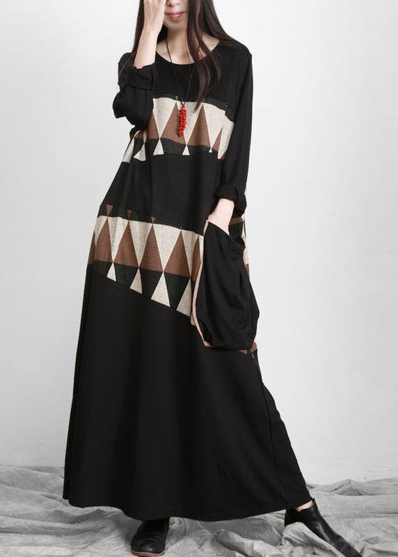 Plus Size Black Patchwork Print Pockets Asymmetrical Design Maxi Dress Fall - SooLinen