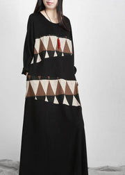 Plus Size Black Patchwork Print Pockets Asymmetrical Design Maxi Dress Fall - SooLinen