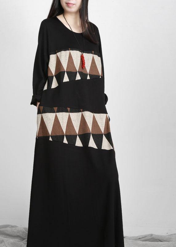 Plus Size Black Patchwork Print Pockets Asymmetrical Design Maxi Dress Fall - SooLinen